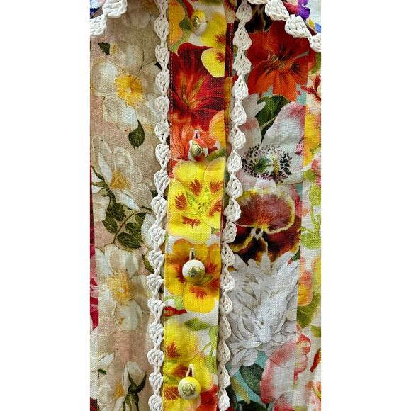 Zimmermann Linen Floral Patchwork Mini Dress Crochet Trim Multicolor NWT - Picture 6 of 11